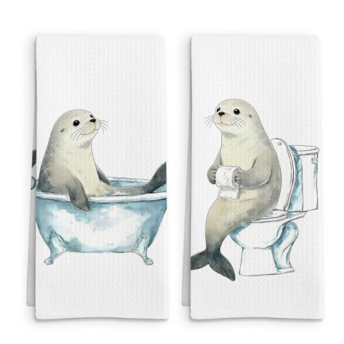 Seal Gifts Funny Hand Towels Set of 2, Seal Gifts for Kids Women Hand Towel, Coastal Sea Animal Decorative Towels for Bathroom Washroom, Nautical Ocean Animal Kids Bathroom Decor, 16x24in - color: Seal