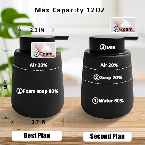Soap Foaming Dispenser Ceramic with Easy-to-Press Pump Hand Foam Dispenser for Shampoo Bathroom Kitchen 12 oz 2pcs - color: Foam-brownblack