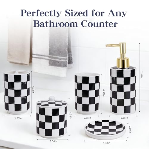Ceramic Bathroom Soap Dispenser Set, Black and White Checkered Bathroom Vanity Set with Lotion Pump, Toothbrush Holder, Soap Dish & Storage Jar, Modern Bathroom Sink Accessories - style: Black