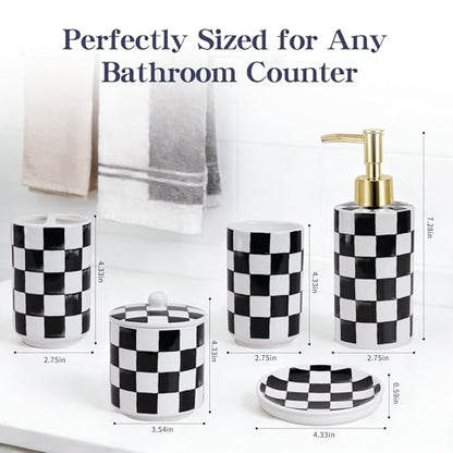 Ceramic Bathroom Soap Dispenser Set, Black and White Checkered Bathroom Vanity Set with Lotion Pump, Toothbrush Holder, Soap Dish & Storage Jar, Modern Bathroom Sink Accessories - style: Black