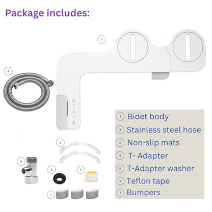 Ultra-Thin Bidet Attachment for Toilet with Non-Electric Self-Cleaning Water Pressure Adjustable Dual Nozzles for Rear & Front Wash, Easy Installation – Fits Most Toilets