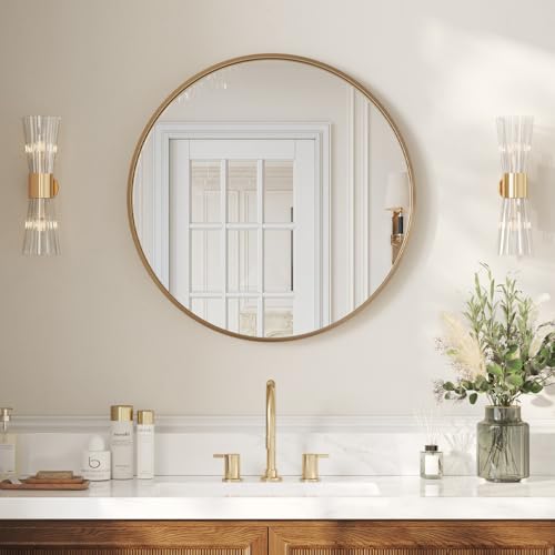 USHOWER 30 Inch Gold Round Bathroom Mirror for Over Sink | Circle Mirror with Metal Frame, Wall Mirror for Vanity, Entryway, Living Room, Hallway and Bedroom Decor - color: Brush Gold, size: 30"L x 30"W
