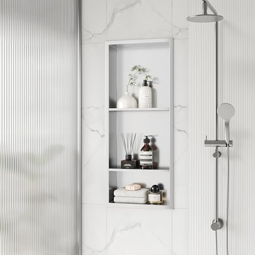 Qeke Stainless Steel Shower Niche 12" X 29", 3-Tiers Wall Niche, Brushed | No tile Needed, Recessed Niche for Bathroom Storage,Waterproof & Space Saving, Over Mount Installation - color: Brushed Nickel, size: 12" × 29"