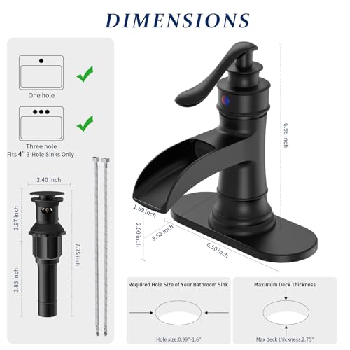 BWE Brass Matte Black Waterfall Bathroom Faucet for Farmhouse & Classic | Wide Waterfall Spout, Ceramic Cartridge, Fits 1 or 3-Hole Sink, Single Handle, Handware Included, Easy Install - color: Black