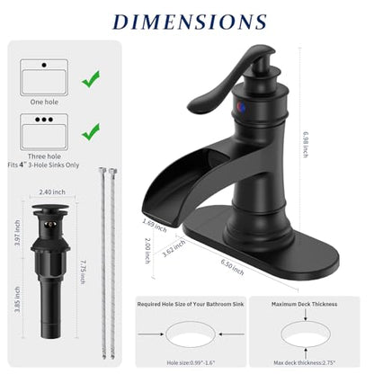 BWE Brass Matte Black Waterfall Bathroom Faucet for Farmhouse & Classic | Wide Waterfall Spout, Ceramic Cartridge, Fits 1 or 3-Hole Sink, Single Handle, Handware Included, Easy Install - color: Black