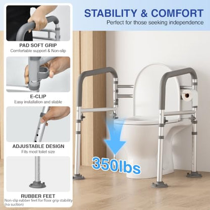 Foldable Toilet Safety Rails for Seniors, Height & Width Adjustable | Safety Frame & Toilet Handles for Elderly & Disabled, Fits Most Toilets, 350lb Capacity, Gray - color: Gray