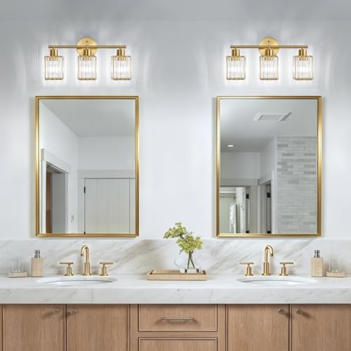 3 Light Bathroom Light Fixtures, Modern Crystal Vanity Lights over Mirror | Metal Frame, Bathroom Light with Square Crystal Shade, ETL Certified, E26 Ceramic Socket, Bulbs Not Included - color: Gold, size: 3-Light
