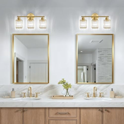 3 Light Bathroom Light Fixtures, Modern Crystal Vanity Lights over Mirror | Metal Frame, Bathroom Light with Square Crystal Shade, ETL Certified, E26 Ceramic Socket, Bulbs Not Included - color: Gold, size: 3-Light