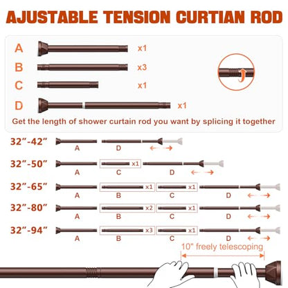 Shower Curtain Rod 32-94 Inches, No Drill Shower Rod Tension, Never Rust Anti-Slip Shower Curtain Rod for Bathroom Window, Adjustable Tension Curtain Rod. Brown - color: brown, size: 32-94 inches