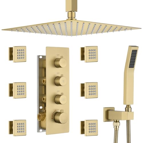Brushed Gold Thermostatic Shower System with 6 Body Jets & 16-Inch Ceiling Rainfall Shower Head Luxury Full Body Shower Faucet with Handheld Sprayer, Shower Fixtures Set with Valve and Trim - color: Brushed Gold