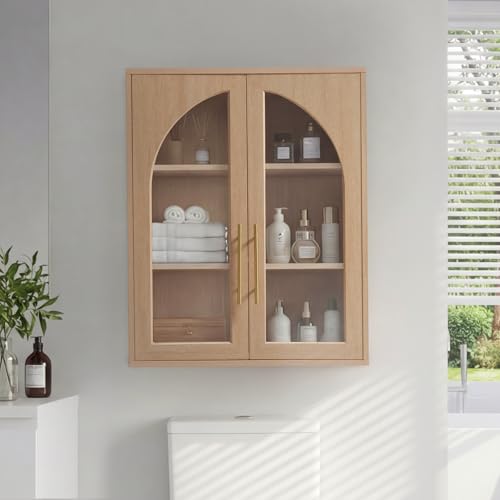 Bathroom Wall Cabinet, 23.5×31.4'' Storage Cabinet, Arched Cabinet Wall Mount with Adjustable Shelf & Glass Doors, Medicine Cabinet for Laundry Room, Bathroom, Kitchen, Living Room,Natural Oak - color: Natural Oak