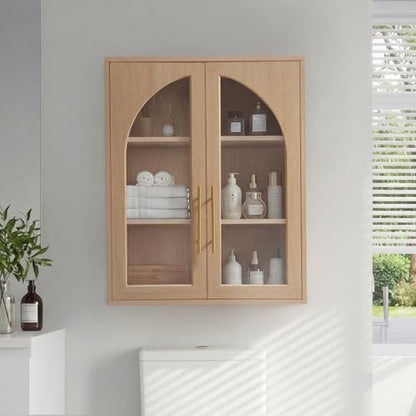 Bathroom Wall Cabinet, 23.5×31.4'' Storage Cabinet, Arched Cabinet Wall Mount with Adjustable Shelf & Glass Doors, Medicine Cabinet for Laundry Room, Bathroom, Kitchen, Living Room,Natural Oak - color: Natural Oak