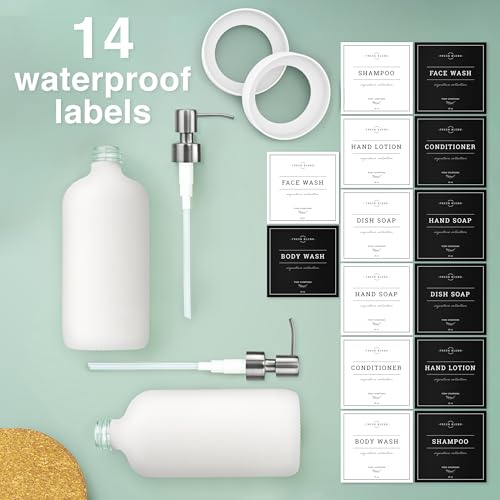 Vine Creations White Glass Soap Dispenser, 2 Pack Kitchen Soap Dispenser Set with Stainless Steel Pump, 16 oz Dish Soap and Hand Soap Dispensers for Bathroom with Waterproof Labels - color: Matte White Bottle / Silver Pump