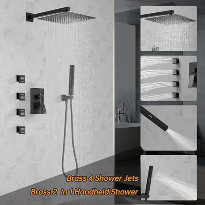 Hoimpro 12 Inch Rainfall Shower Faucet with 4 Full Body Shower Jet Fixtures Combo, Shower System Set with Rain Mixer Shower Head and Brass 2 in 1 Spray Handheld Showerhead, Wall Mounted, Matte Black - color: Black