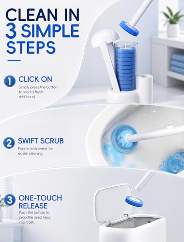 Disposable Toilet Brush System, Toilet Bowl Cleaning Wand with Lift-to-Open Refill Case, Blue Refill Heads and Freestanding Holder, 1 Wand and Holder Set with 35 Blue Refills
