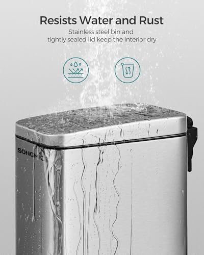 SONGMICS Bathroom Trash Can, 1.3 Gallon (5 L) Small Trash Bin with Lid, Slim for Small Spaces, Stainless Steel Garbage Can, Soft Close, Silver ULTB560E05 - color: Silver, style: 1.3 Gal.