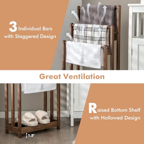 Giantex 3 Tier Free Standing Towel Rack with Storage Shelf, Rustic Brown | Wood Bath Towel Drying Stand, Blanket Holder for Living Room, Laundry, Bathroom, Poolside, 18" L x 9" W x 34" H - color: Rustic Brown