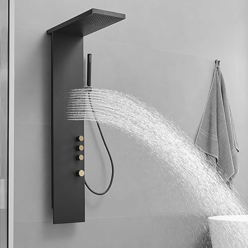Shower Panel Tower System 3-Functions Wall Mount Black | Stainless Steel,Square Rainfall Shower Head,Massage Body Jets and Handheld,Contrast Gold Control Knobs,Modern Minimalist - color: Matte Black, style: Shower Panel-Standard