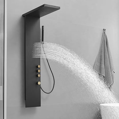 Shower Panel Tower System 3-Functions Wall Mount Black | Stainless Steel,Square Rainfall Shower Head,Massage Body Jets and Handheld,Contrast Gold Control Knobs,Modern Minimalist - color: Matte Black, style: Shower Panel-Standard