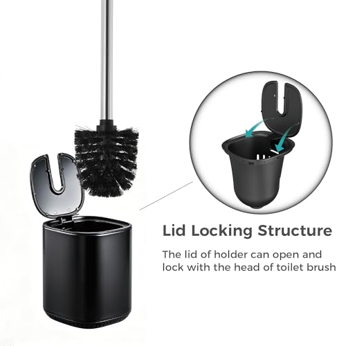Toilet Brush and Holder Set Toilet Bowl Brush Stainless Steel Automatic Open lid Toilet Bowl Cleaner Brush Set Toilet Scrubber Kit Toilet Cleaning Brush for Bathroom - color: Black