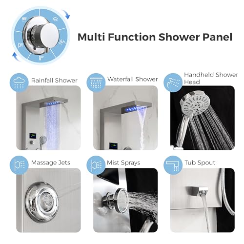 DELAVIN LED Stainless Steel Shower Tower, 5-Function Shower Panel Tower | Temperature Display, Rainfall Waterfall Shower, Massage Jets, Tub Spout, for Renovation, New Builds, Rentals & Contractors - style: 8 Body Jets With LED