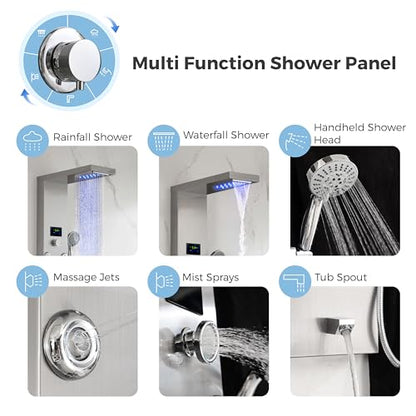 DELAVIN LED Stainless Steel Shower Tower, 5-Function Shower Panel Tower | Temperature Display, Rainfall Waterfall Shower, Massage Jets, Tub Spout, for Renovation, New Builds, Rentals & Contractors - style: 8 Body Jets With LED