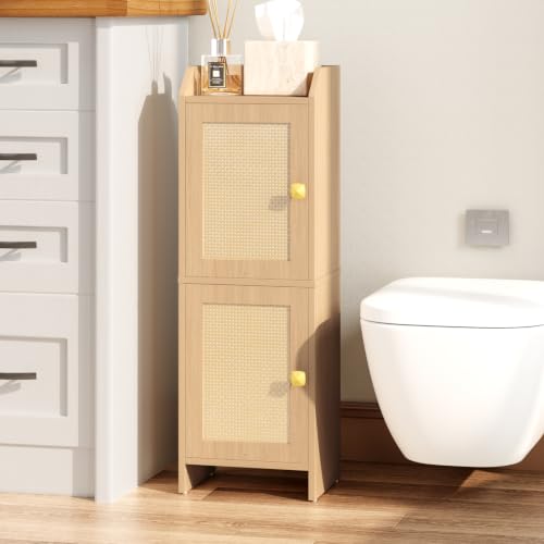 Rattan Narrow Bathroom Storage Cabinet, 7.9''D x 9.8''W x 29.5''H, Toilet Paper Storage Cabinet with 2 Doors & Adjustable Shelf, Space-Saving Bathroom Organizer for Small Spaces, Natural Oak