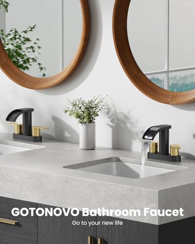 gotonovo 4’’ Centerset Bathroom Sink Faucet Waterfall Black&Brushed Gold | SUS304 Bathroom Faucet,2.17’’ Wide Spout,24’’ cUPC Water Line,Pop up Drain,2 Handle,Basin,Vanity,RV,Lavatory 2 or 3 Hole Sink - color: Black&Gold