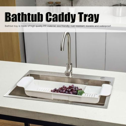 Expandable Bathtub Caddy, Multifunction Bath Tray with Secure Grips for Tub Edge, a Bathtub Organizer Rack with Dedicated Book Wine Phone Holder Bathtub (White) - color: White