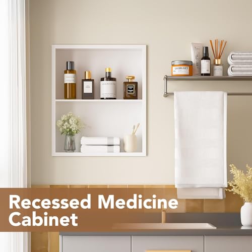 14x18 Recessed Medicine Cabinet, Bathroom Wall Cabinet, 304 Stainless Steel Recessed Wall Niche with 2-Tiers Shelves, Matte White - color: Matte White, size: 14'' x 18''