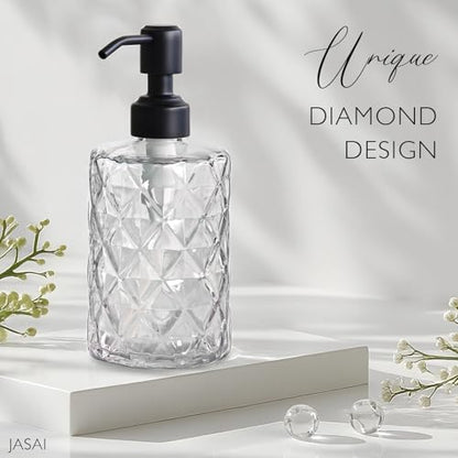 JASAI Diamond Design 12 Oz Glass Soap Dispenser with Black Pump | Small Hand soap Dispenser with Rust Proof Pump, Bathroom Soap Dispenser for Hand Soap, Liquid Soap, Dish Soap. - color: Clearglass-black Pump, style: Diamond