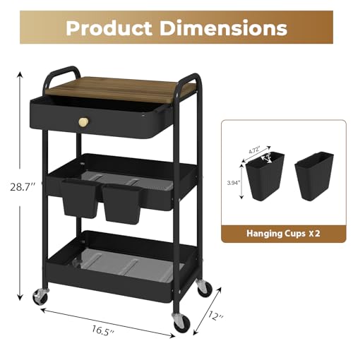 Rolling Cart with Drawers, Black Storage Cartwith Locked Wheels, Hooks & Hanging Cups for Any Room - color: Black