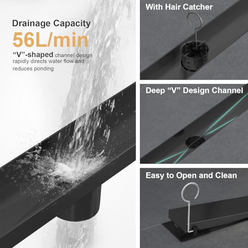 Linear Shower Drain - 18 Inch Matte Black, with Tile Insert Panels | AISI 304 Stainless Steel Shower Drain with Adjustable Feet, Hair Catcher, Rectangle Shower Floor Drain Fits Bathroom, Balcony - color: Matte Black, size: 18 Inch