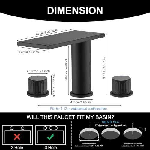 becola Black Bathroom Faucet 3 Hole, 8 inch Widespread Bathroom Faucet with Top Storage, Waterfall Bathroom Faucet，2-Handle Modern Vanity Faucet with Adjust Knobs and Two Supply Lines - color: Matte Black