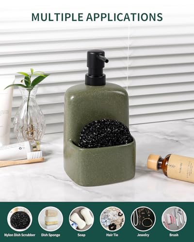 BosilunLife Dish Soap Dispenser - Matte Green Ceramic Kitchen Soap Dispenser with Sponge Holder Matte Ceramic Soap Daddy Dispenser 20oz for Kitchen Soap Pump and Sponges Caddy - color: Matte Green
