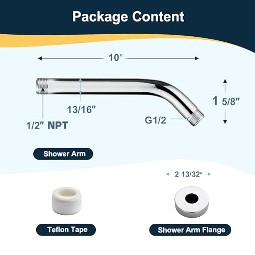 BRIGHT SHOWERS Shower Arm with Flange 10 Inches Solid Brass Shower Head Extension Arm, Wall Mounted Shower Pipe Arm for Rainfall Shower Head and Handheld Showerhead, Chrome - color: Chrome, style: Basic 10 Inch