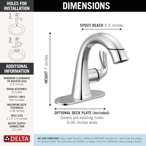 Delta Arvo 1 Hole Pull Down Bathroom Faucet with Sprayer, Chrome Single Hole Bathroom Sink Faucet with Pull Out Sprayer for Vanity, Metal Push-Pop Drain, Chrome 15840LF-PD - color: Chrome
