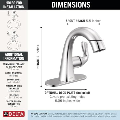 Delta Arvo 1 Hole Pull Down Bathroom Faucet with Sprayer, Chrome Single Hole Bathroom Sink Faucet with Pull Out Sprayer for Vanity, Metal Push-Pop Drain, Chrome 15840LF-PD - color: Chrome