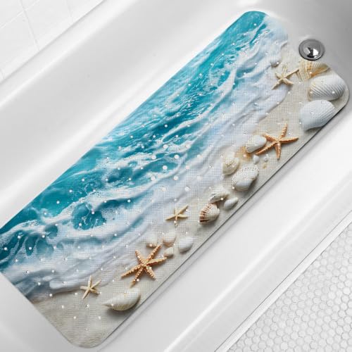 LNOND Summer Beach Bathtub Mat Non Slip, 40 X 16 Inch Tub Mat for Bathroom, Blue Waves Bath Tub Shower Mat with Drain Holes and Suction Cups - color: Blue Waves Bathtub Mat