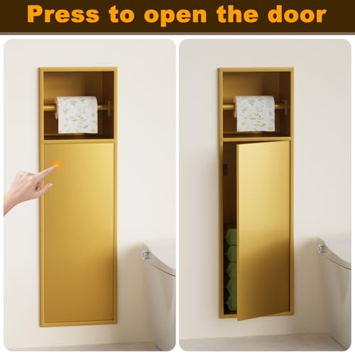 Recessed Toilet Paper Holder, in Wall 25" X 7" Toilet Paper Holder Storage, 304 Stainless Steel Tissue Roll Dispenser, Niche Shelf for Bathroom Space Saving Design, Gold