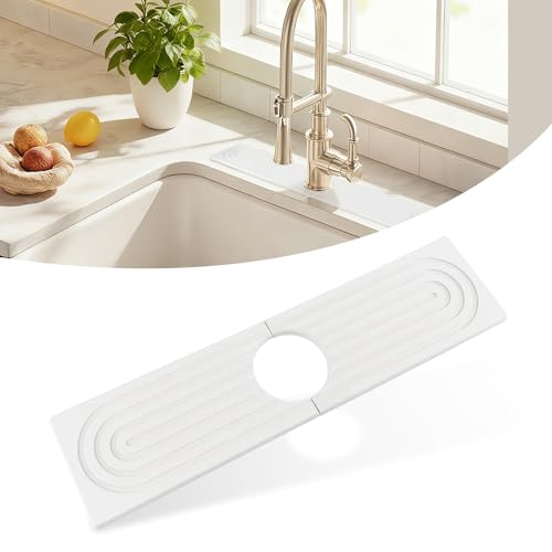 Diatomite Quick-Drying Stone Mat Set, Stone Mat for Kitchen Sink & Bathroom Sink Cover for Counter Space, Fits Soap Cups Sponges, Fast Water-Absorbing to Keep Dry (White, 15.7×3.9inch)