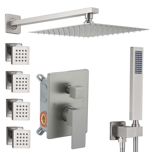 Full Body Shower System Concealed Shower Faucet Set with Body Massage Jets 10 Inch Shower Head Trim Kit 3 Function Wall Mount High Pressure for Bathroom - color: Brushed Nickel, style: 10"- 3 Function