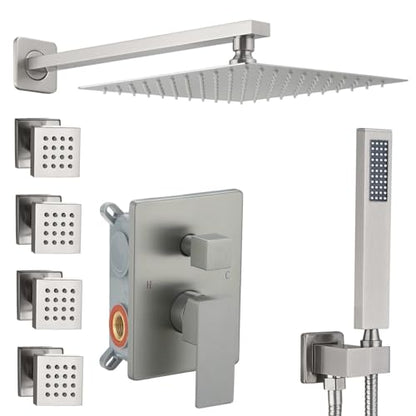 Full Body Shower System Concealed Shower Faucet Set with Body Massage Jets 10 Inch Shower Head Trim Kit 3 Function Wall Mount High Pressure for Bathroom - color: Brushed Nickel, style: 10"- 3 Function
