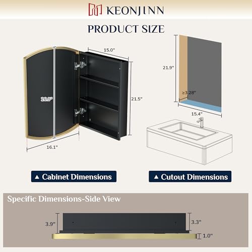 Keonjinn Medicine Cabinet 16 x 26 Inch, Surface Mount or Recessed Cabinets with Mirrors, Gold Metal Framed Wall Mirror with Storage, 2 Adjustable Shelves, Beveled Edge Frame | Adjustable Shelves, Different Curved Frame Design, Wall Mirror with Storage, Su