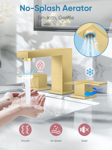 Cobbe Bathroom Faucet 3 Hole, Brushed Gold Bathroom Sink Faucet Widespread | Square 8 Inch with Pop-Up Drain, 2 Handle and 2 Supply Hoses, Lead-Free Stainless Steel, For Vanity, RV, Farmhouse - color: Gold-2, size: 8 Inch Widespread
