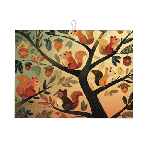 Squirrel Dish Drying Mats for Kitchen Counter Absorbent Reversible Drying Mats Microfiber Kitchen Countertop Protector Dishes Drying Pad Extra Large “18 x 24" Dish Mat - color: Brown - Squirrel