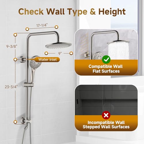 BRIGHT SHOWERS Rain Shower Heads System - 9 Inch Rainfall Shower Head and Handheld Shower Head with Height Adjustable Holder, Solid Brass Rail and 60" Long Stainless Steel Shower Hose, Brushed Nickel - color: Brushed Nickel, size: 2.5 Gallon Per Minute
