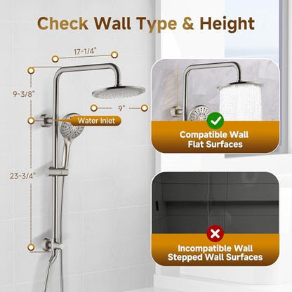 BRIGHT SHOWERS Rain Shower Heads System - 9 Inch Rainfall Shower Head and Handheld Shower Head with Height Adjustable Holder, Solid Brass Rail and 60" Long Stainless Steel Shower Hose, Brushed Nickel - color: Brushed Nickel, size: 2.5 Gallon Per Minute