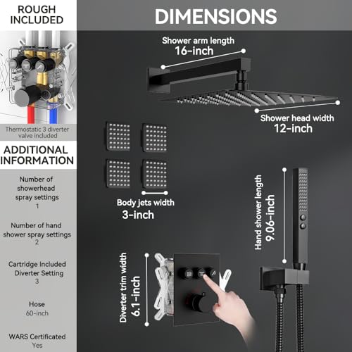 Thermostatic Shower System with Body Jets, STARBATH 12" Rain Shower with 2 in 1 Handheld, Can Use All at Once, Push Button Thermostatic Valve and Trim Kit Complete Shower Faucets Sets, Matte Black - color: Matte Black, size: 12"-05