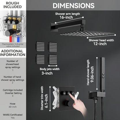 Thermostatic Shower System with Body Jets, STARBATH 12" Rain Shower with 2 in 1 Handheld, Can Use All at Once, Push Button Thermostatic Valve and Trim Kit Complete Shower Faucets Sets, Matte Black - color: Matte Black, size: 12"-05